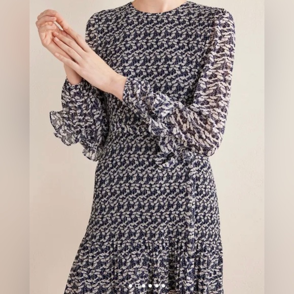 Boden Long Puff Sleeve Plisse’ Belted A-line Mini Dress French Navy Poppy Vine - Picture 4 of 12